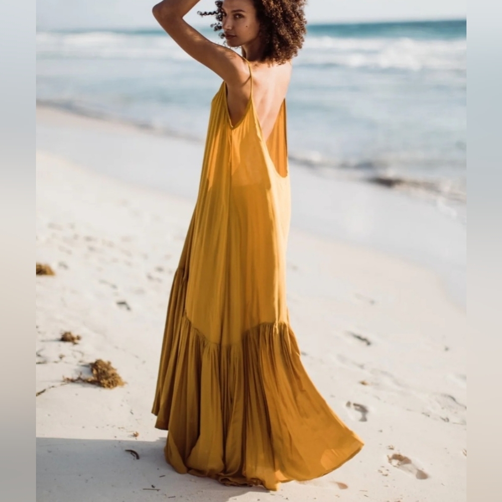 Wanderlust Low Back Cobra Dress With Ruffle Bottom In Mustard Gold - Picture 2 of 12